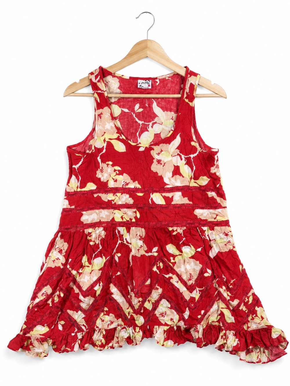 Intimately Free People Floral Tunic Top Small Red RuffleTrim Sleeveless